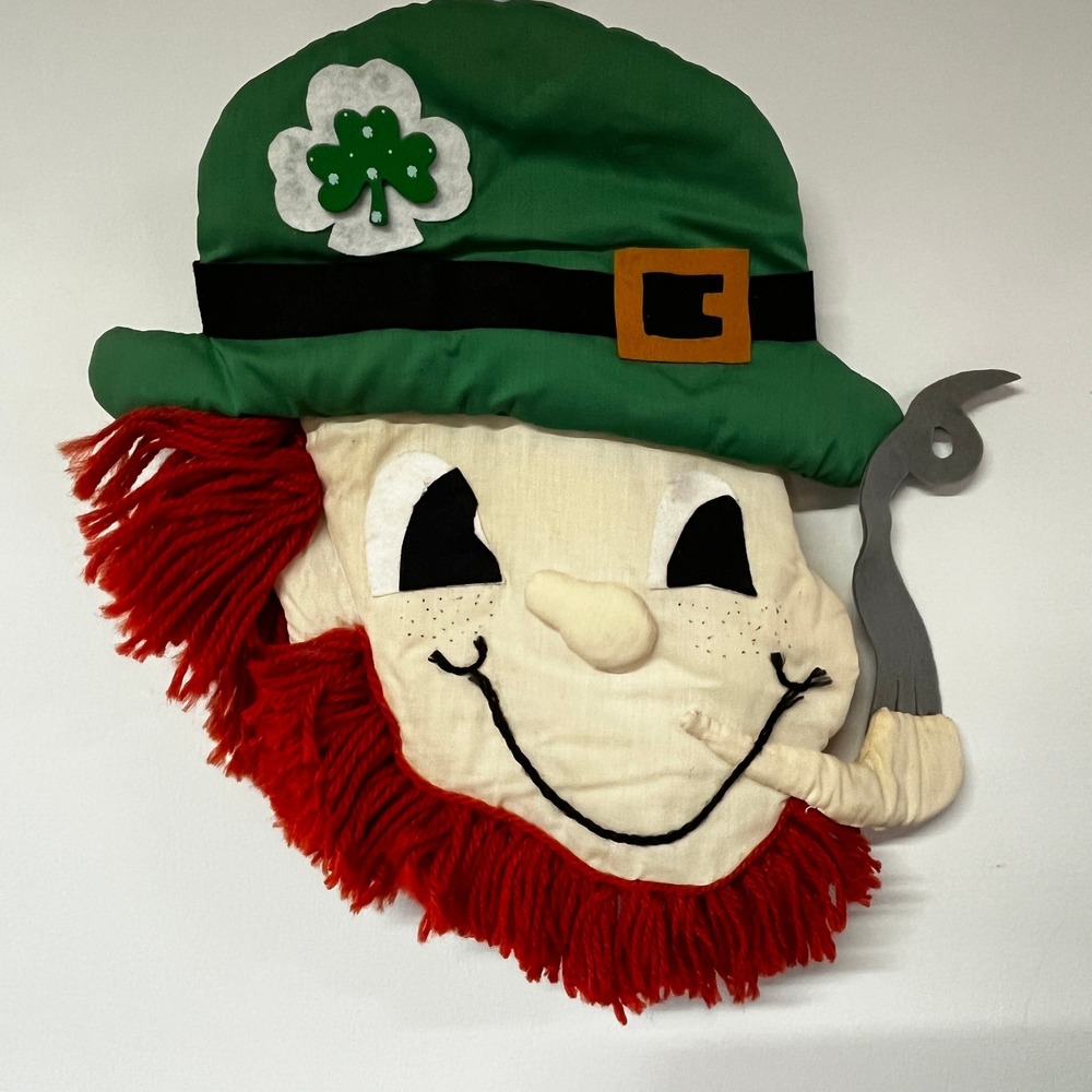 Handmade Leprechaun Wall Hanging St Patricks Day Decor Green Hat 18.5" Vintage